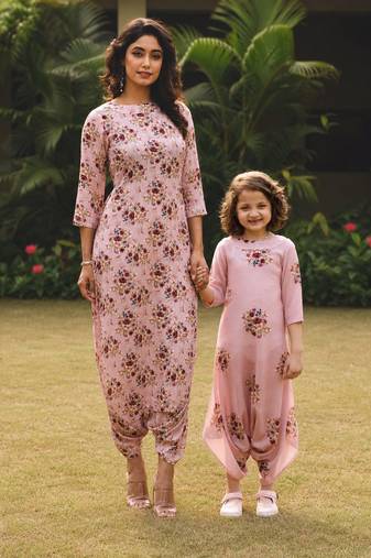 Pink hand printed linen dhoti jumpsuit mother daughter matching combo