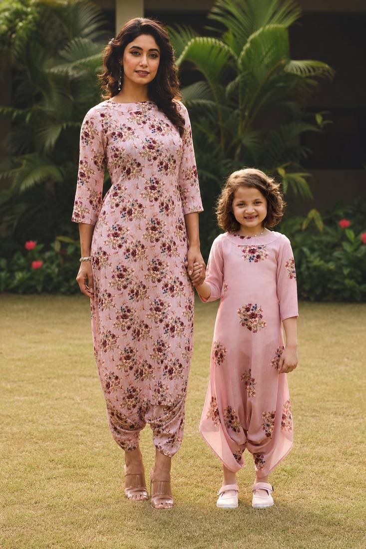Pink hand printed linen dhoti jumpsuit mother daughter matching combo