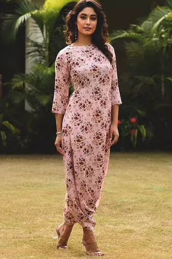 Pink hand printed linen dhoti jumpsuit mother daughter matching combo