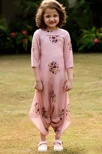Pink hand printed linen dhoti jumpsuit mother daughter matching combo