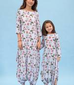 Iceberg blue floral & abstract printed linen dhoti jumpsuit mother daughter matching combo