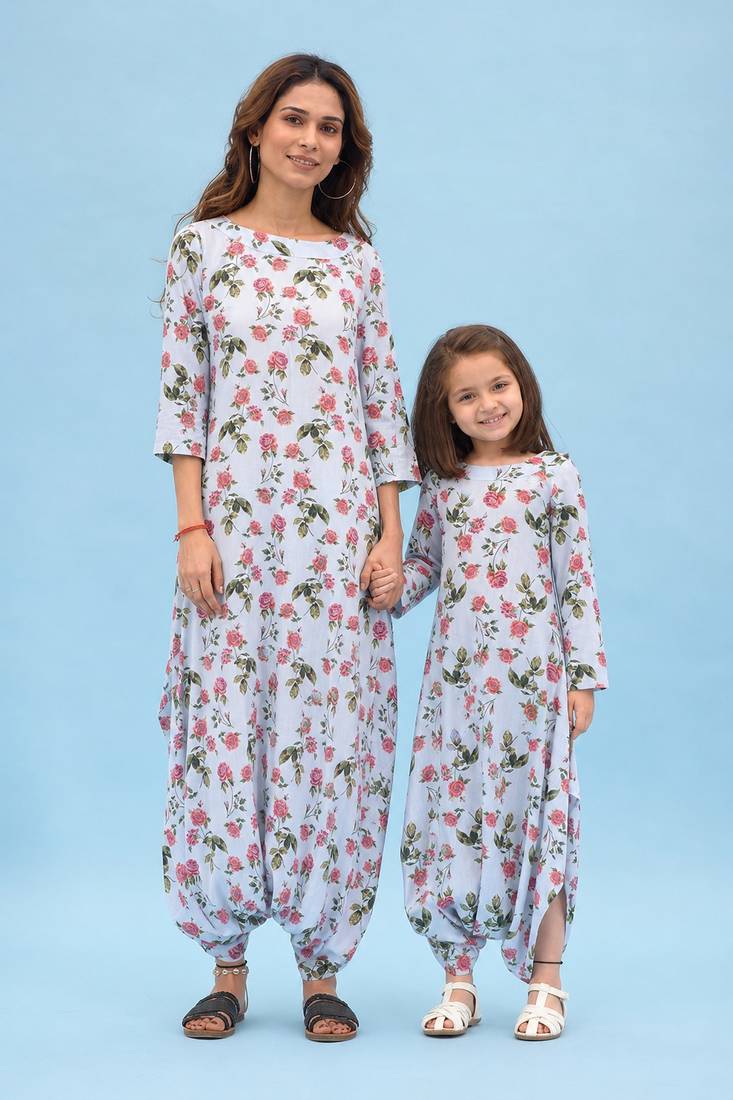 Iceberg blue floral & abstract printed linen dhoti jumpsuit mother daughter matching combo