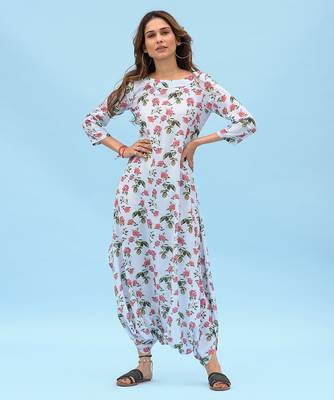 Iceberg blue floral & abstract printed linen dhoti jumpsuit mother daughter matching combo 2