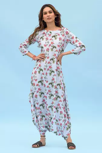 Iceberg blue floral & abstract printed linen dhoti jumpsuit mother daughter matching combo