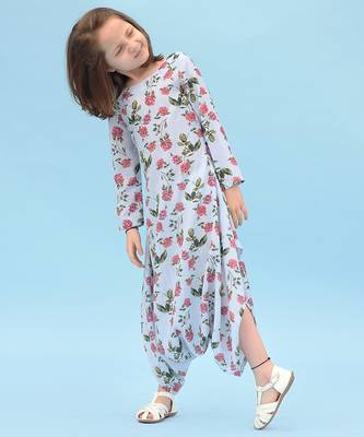 Iceberg blue floral & abstract printed linen dhoti jumpsuit mother daughter matching combo 3