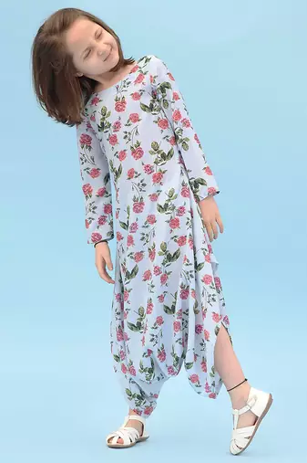 Iceberg blue floral & abstract printed linen dhoti jumpsuit mother daughter matching combo