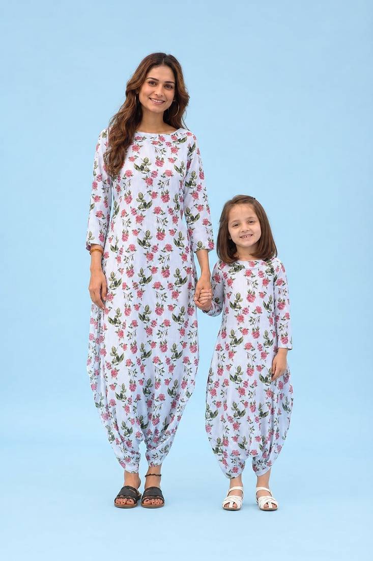 Iceberg blue striped linen dhoti jumpsuit mother daughter matching combo