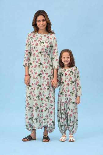 Sage green floral & abstract printed linen dhoti jumpsuit mother daughter matching combo