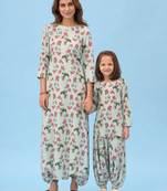 Sage green floral & abstract printed linen dhoti jumpsuit mother daughter matching combo