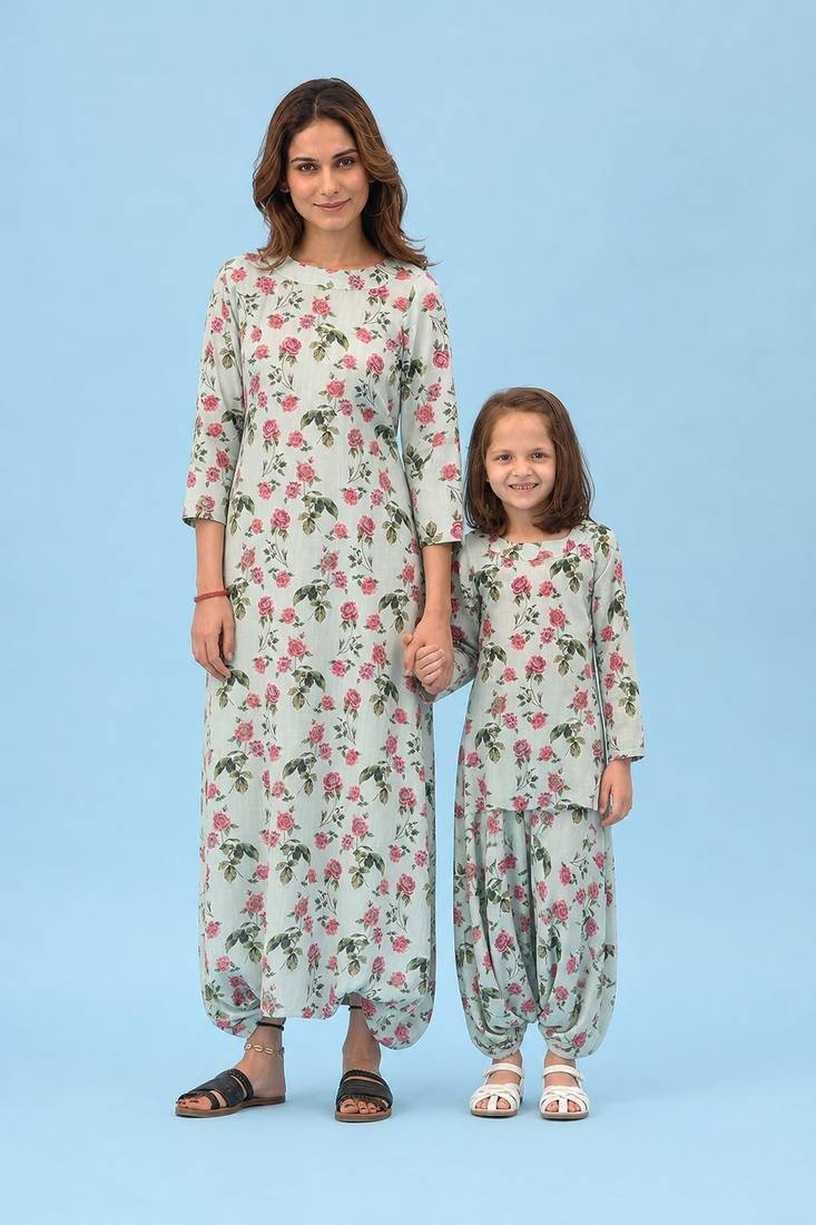Sage green floral & abstract printed linen dhoti jumpsuit mother daughter matching combo