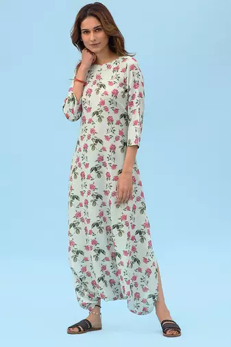 Sage green floral & abstract printed linen dhoti jumpsuit mother daughter matching combo