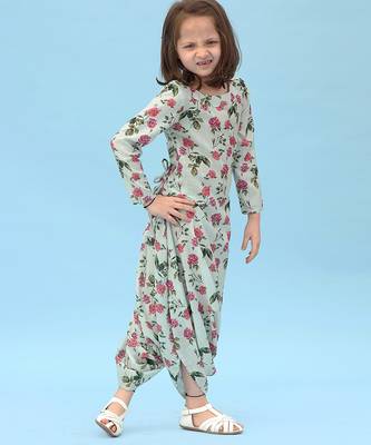 Sage green floral & abstract printed linen dhoti jumpsuit mother daughter matching combo 3