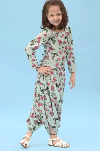 Sage green floral & abstract printed linen dhoti jumpsuit mother daughter matching combo