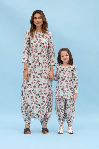 Sage green striped linen dhoti jumpsuit mother daughter matching combo