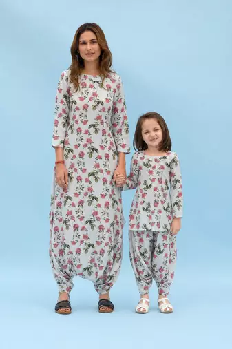 Sage green striped linen dhoti jumpsuit mother daughter matching combo