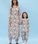 Sage green striped linen dhoti jumpsuit mother daughter matching combo