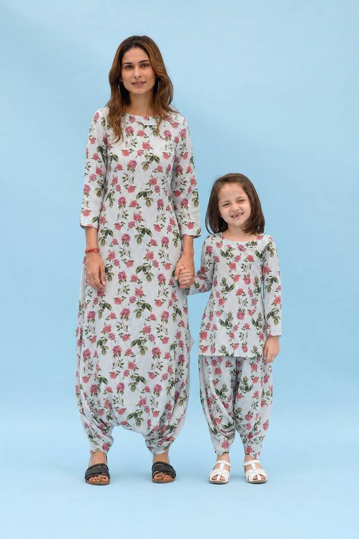 Sage green striped linen dhoti jumpsuit mother daughter matching combo