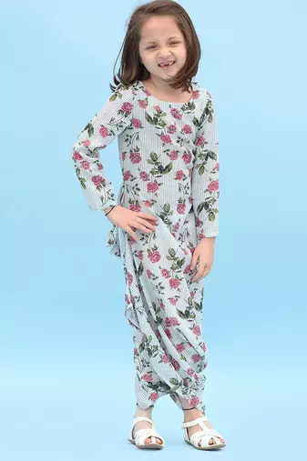 Sage green striped linen dhoti jumpsuit mother daughter matching combo