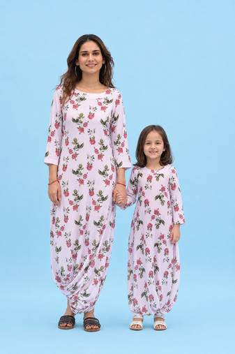 Pink & berry floral & abstract printed linen dhoti jumpsuit mother daughter matching combo