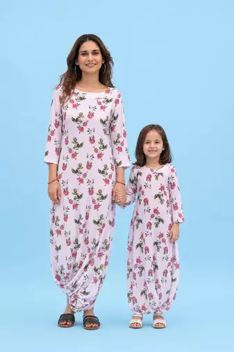 Pink & berry floral & abstract printed linen dhoti jumpsuit mother daughter matching combo