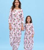 Pink & berry floral & abstract printed linen dhoti jumpsuit mother daughter matching combo