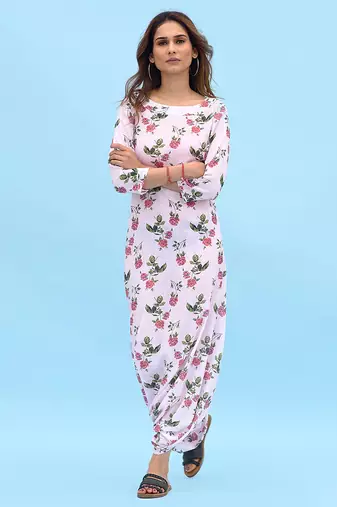 Pink & berry floral & abstract printed linen dhoti jumpsuit mother daughter matching combo