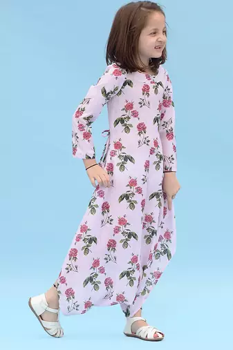 Pink & berry floral & abstract printed linen dhoti jumpsuit mother daughter matching combo