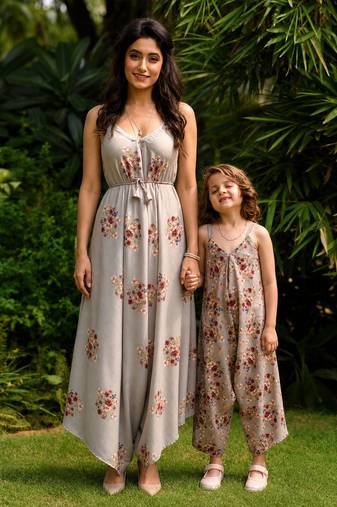 Green hand printed linen palazzo jumpsuit mother daughter matching combo