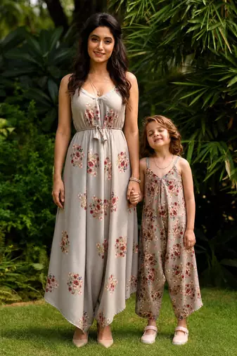 Green hand printed linen palazzo jumpsuit mother daughter matching combo