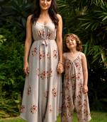 Green hand printed linen palazzo jumpsuit mother daughter matching combo