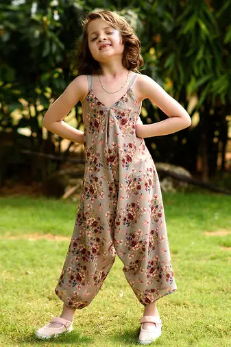 Green hand printed linen palazzo jumpsuit mother daughter matching combo