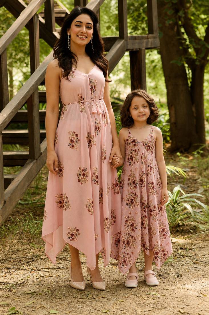 Pink hand printed linen palazzo jumpsuit mother daughter matching combo