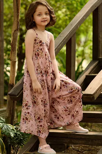 Pink hand printed linen palazzo jumpsuit mother daughter matching combo
