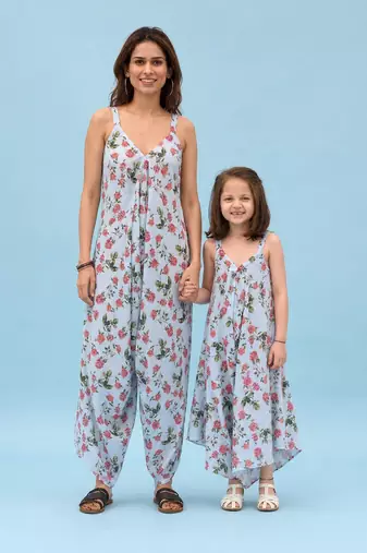 Iceberg blue floral & abstract printed linen palazzo jumpsuit mother daughter matching combo