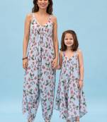 Iceberg blue floral & abstract printed linen palazzo jumpsuit mother daughter matching combo