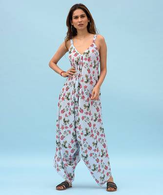 Iceberg blue floral & abstract printed linen palazzo jumpsuit mother daughter matching combo 2