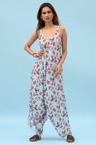 Iceberg blue floral & abstract printed linen palazzo jumpsuit mother daughter matching combo
