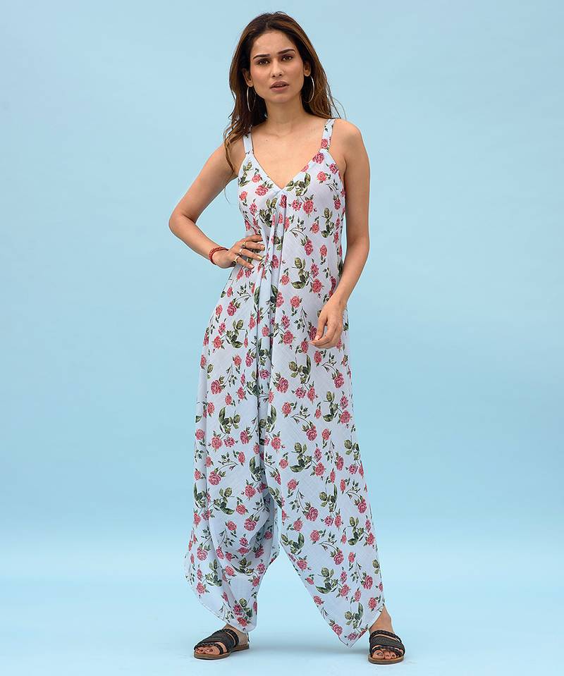 Iceberg blue floral & abstract printed linen palazzo jumpsuit mother daughter matching combo