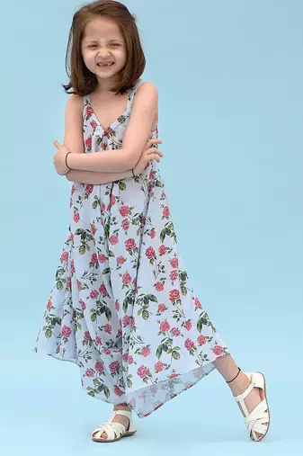 Iceberg blue floral & abstract printed linen palazzo jumpsuit mother daughter matching combo