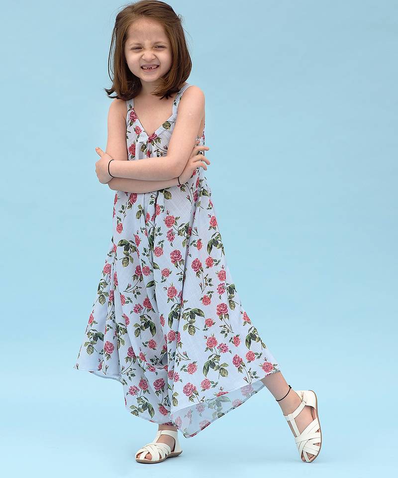 Iceberg blue floral & abstract printed linen palazzo jumpsuit mother daughter matching combo