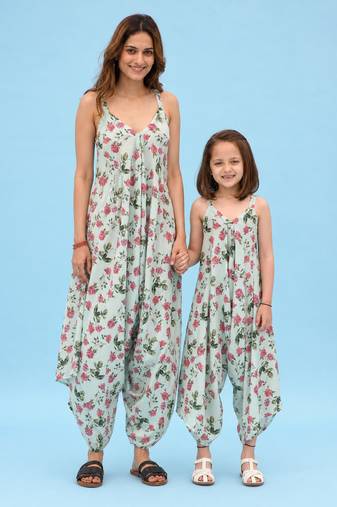 Sage green floral & abstract printed linen palazzo jumpsuit mother daughter matching combo