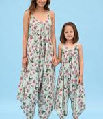 Sage green floral & abstract printed linen palazzo jumpsuit mother daughter matching combo