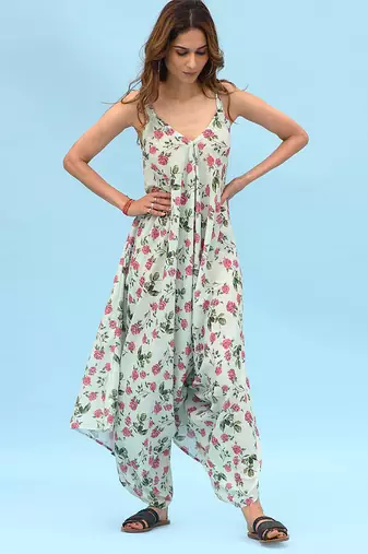 Sage green floral & abstract printed linen palazzo jumpsuit mother daughter matching combo