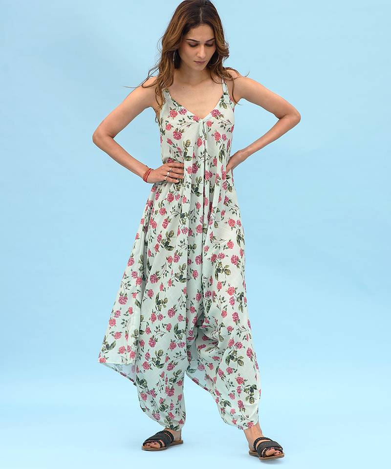 Sage green floral & abstract printed linen palazzo jumpsuit mother daughter matching combo