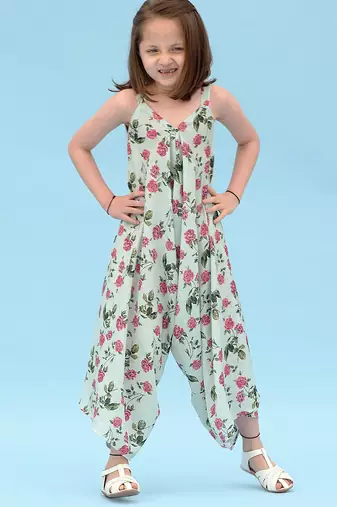 Sage green floral & abstract printed linen palazzo jumpsuit mother daughter matching combo