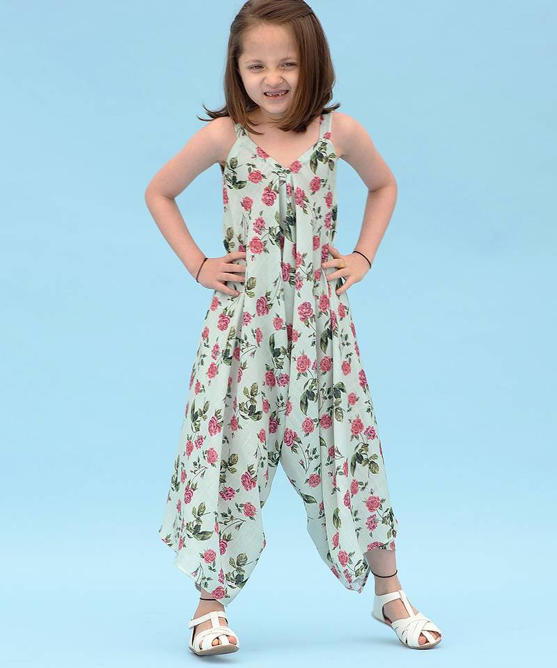 Sage green floral & abstract printed linen palazzo jumpsuit mother daughter matching combo
