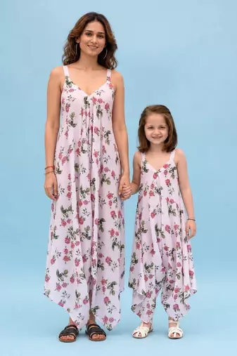 Pink & berry floral & abstract printed linen palazzo jumpsuit mother daughter matching combo