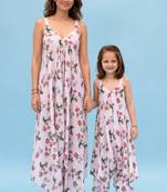 Pink & berry floral & abstract printed linen palazzo jumpsuit mother daughter matching combo