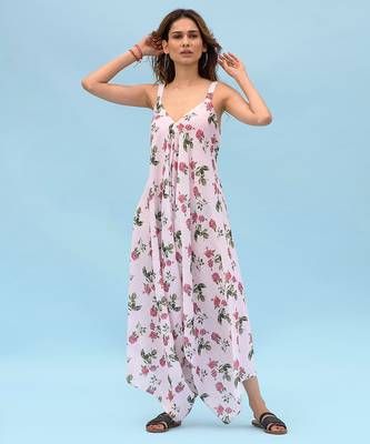 Pink & berry floral & abstract printed linen palazzo jumpsuit mother daughter matching combo 2
