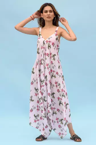 Pink & berry floral & abstract printed linen palazzo jumpsuit mother daughter matching combo